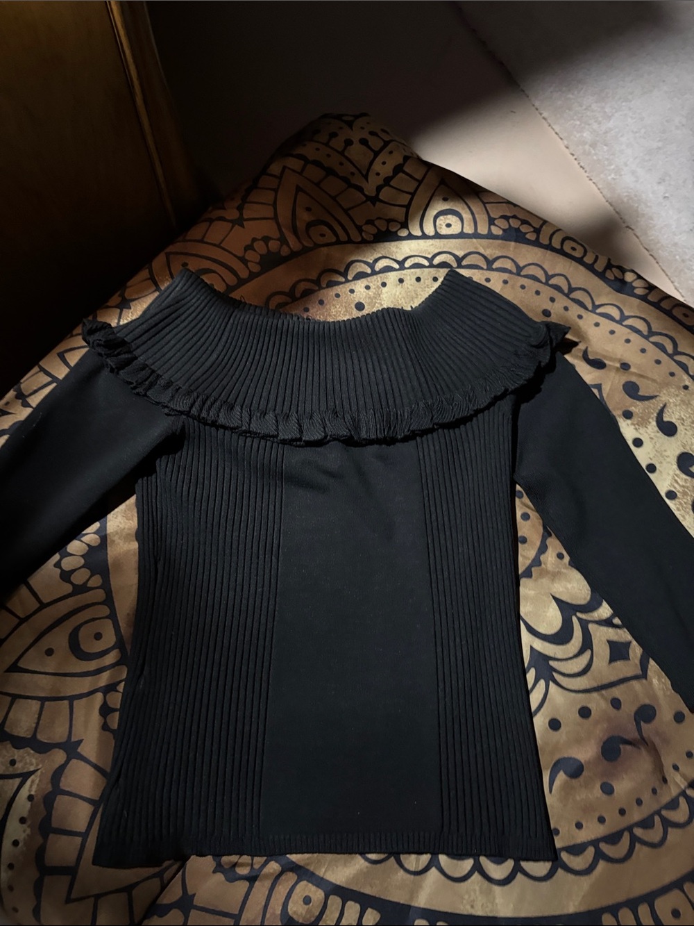 bebe Black Ribbed Off-Shoulder Ruffle Pullover